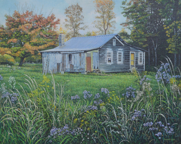 Original art by Vincent Grey depicting an old rural home surrounded by a peaceful field