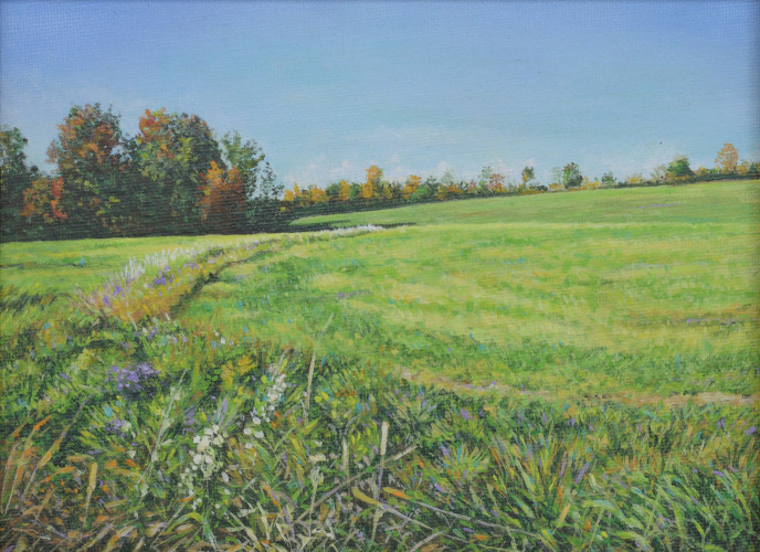 A painting of a peaceful field with vibrant greens and colorful autmn leaves