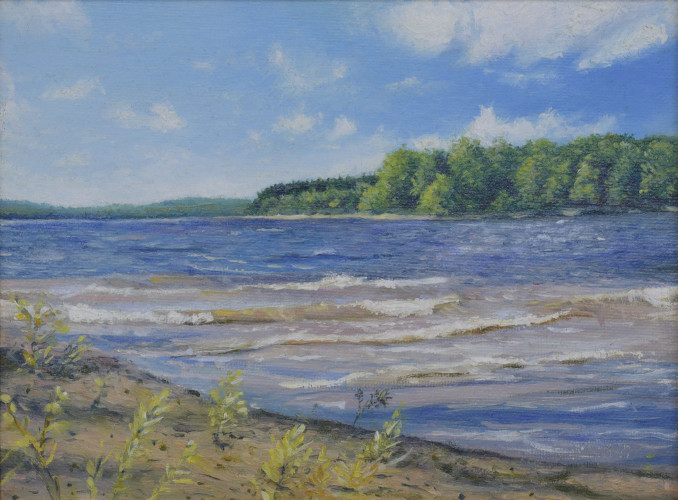 Oil painting of a beach with waves
