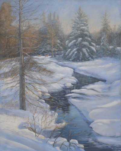Acrylic painting of a stream winding through the forest in the winter.