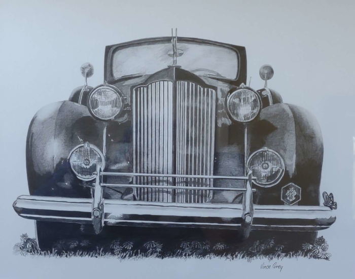 Pencil drawing of Packard classic car with butterfly