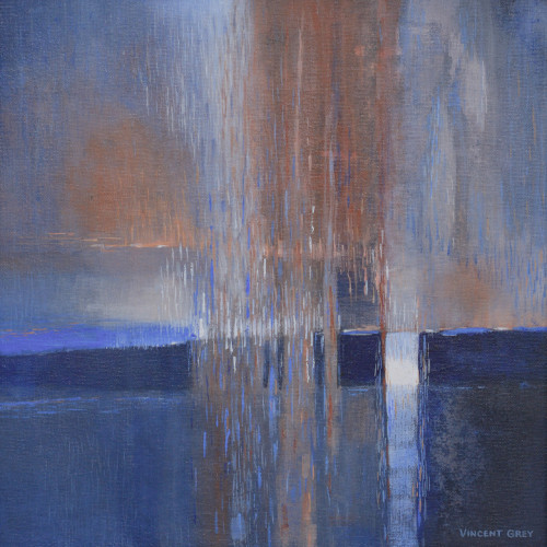 Abstract acylic painting with deep blues and vibrant orange