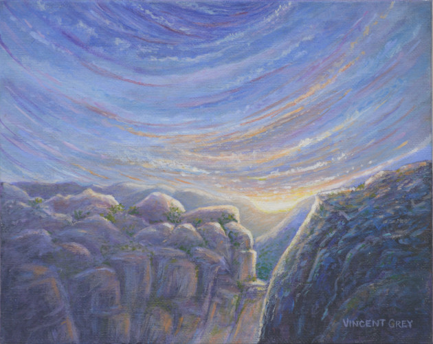 Abstract landscape painting with a surreal sky