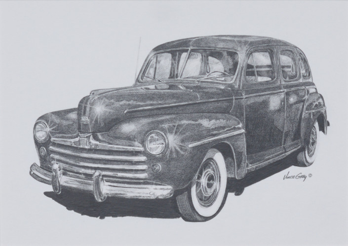 1948 Ford Super Deluxe reflects the sunlight and clouds again in this pencil drawing.