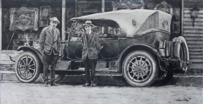 Original pencil rendering of two men standing in front of a classic car
