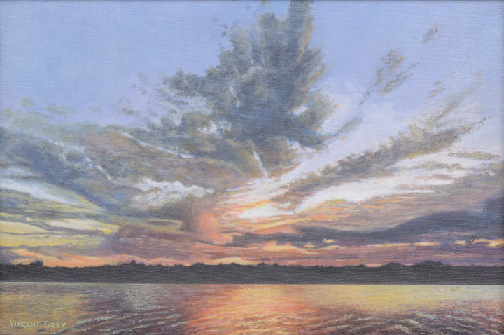 a view of cloud formations in the sunset, expressed in acryllic paint on a canvas panel