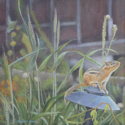 A chipmunk glances at the viewer in this oil painting